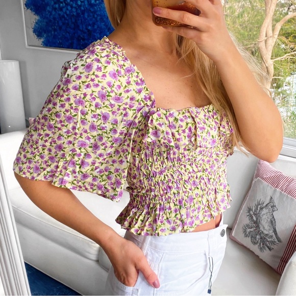 🌼 ZARA BOHO YELLOW PURPLE FLORAL RUFFLE BUTTERFLY SLEEVE CROP TOP! - Picture 4 of 11